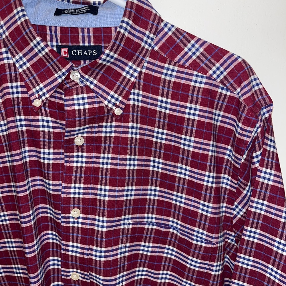 Chaps Men Large 16 1/2-32/33 Button Down Oxford Wrinkle‎ Free Red Plaid